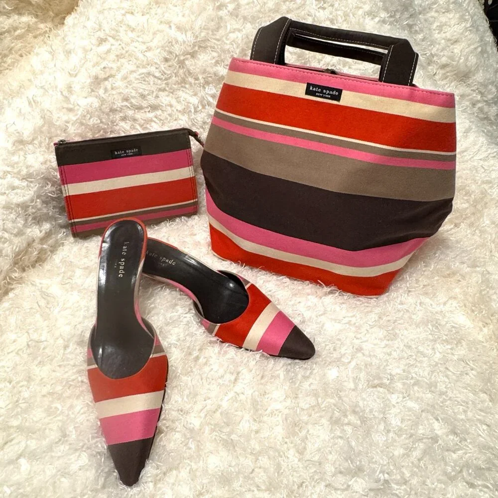 KATE SPADE ♠️ Vintage Classic Stripe BUNDLE Bucket, Cosmetic & Mules 8 N/Narrow